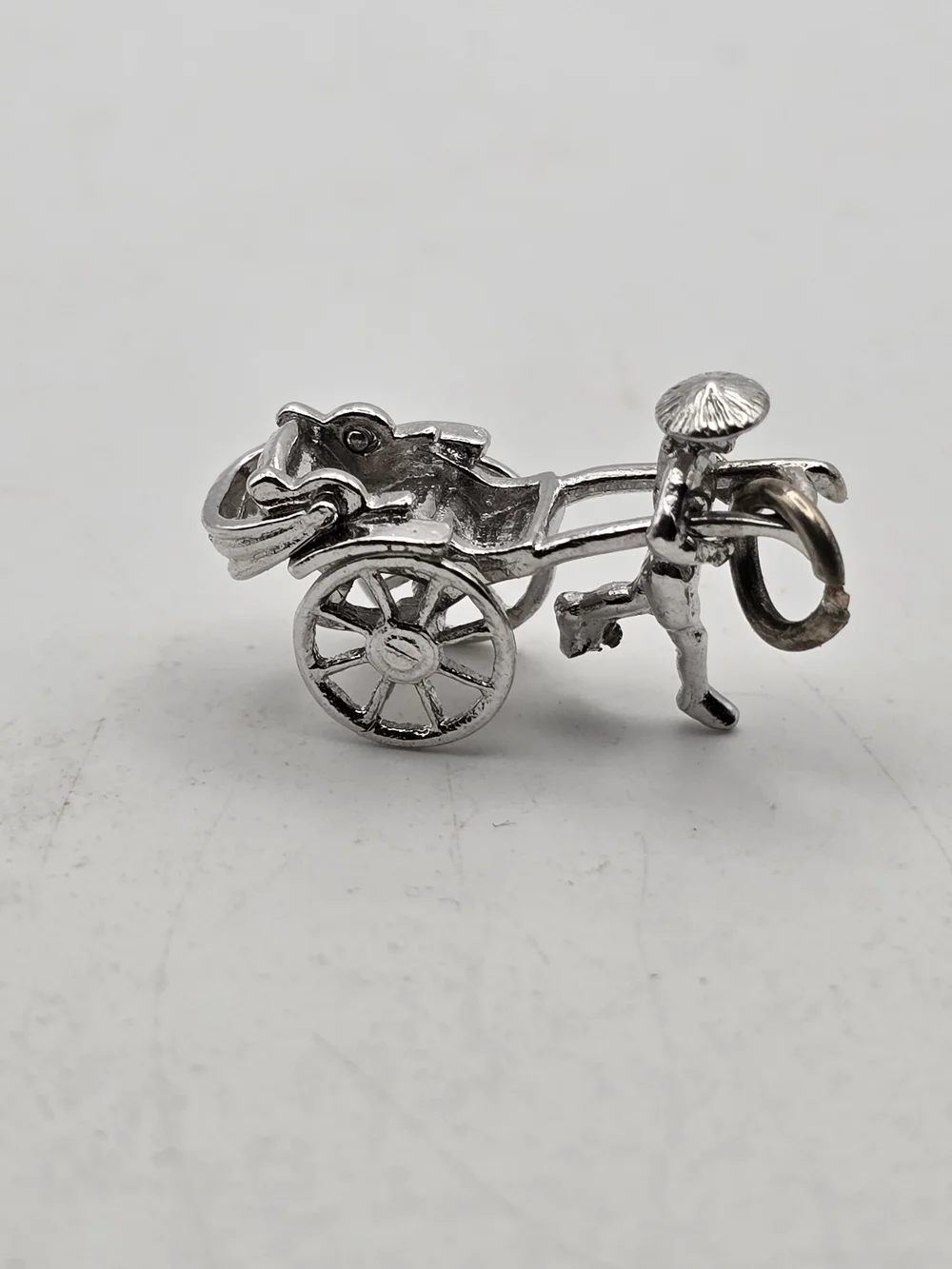 Sterling Silver Moveable Rickshaw Man Pulling Cart Charm